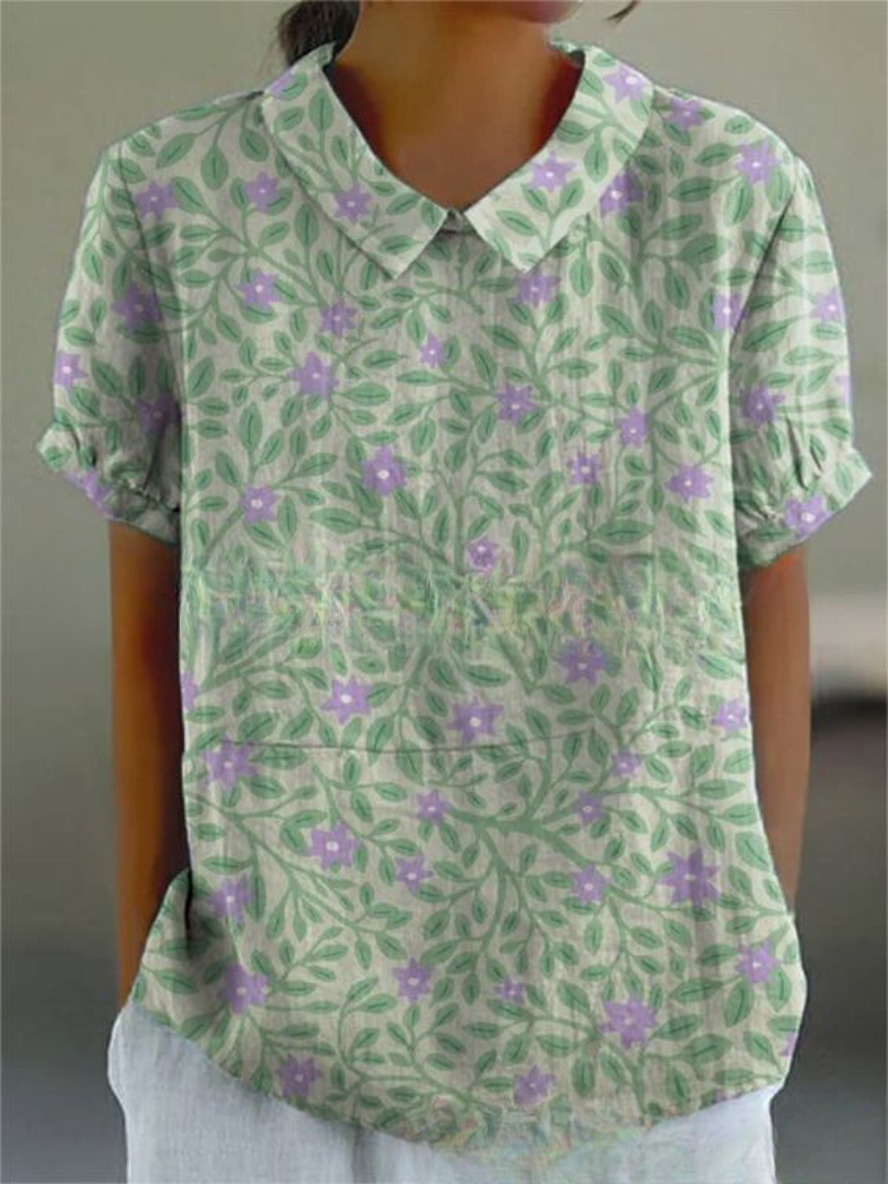 Sofia™ | Grøn Bluse Med Lilla Blomster