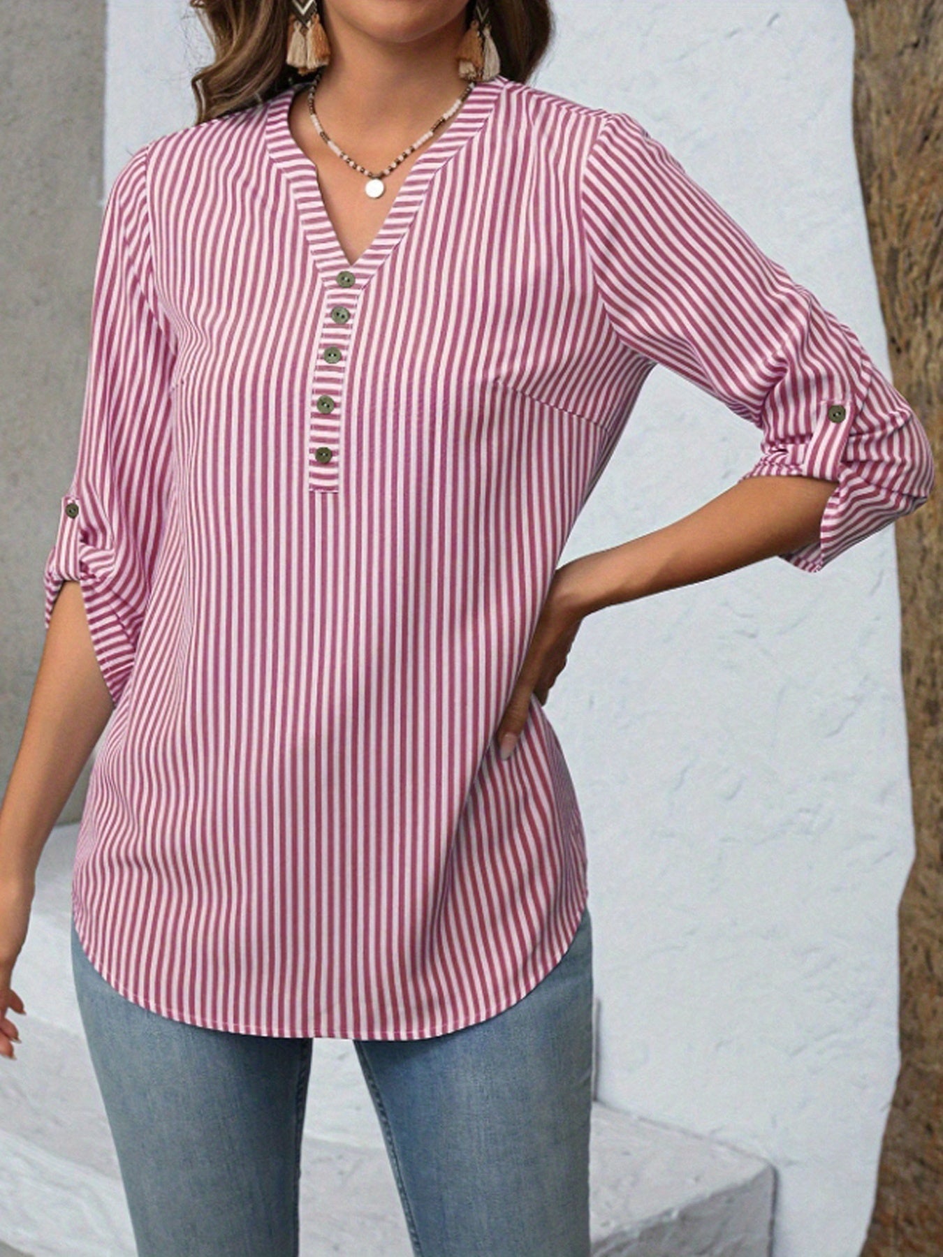 Sofia™ | Stribet V-hals Tunika Bluse – Afslappet Elegance