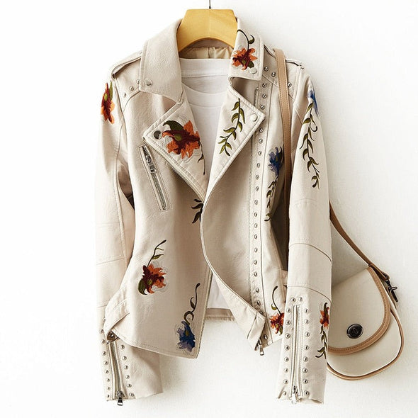 Sofia™ | Stilfuld Bikerjakke med Blomstret Broderi