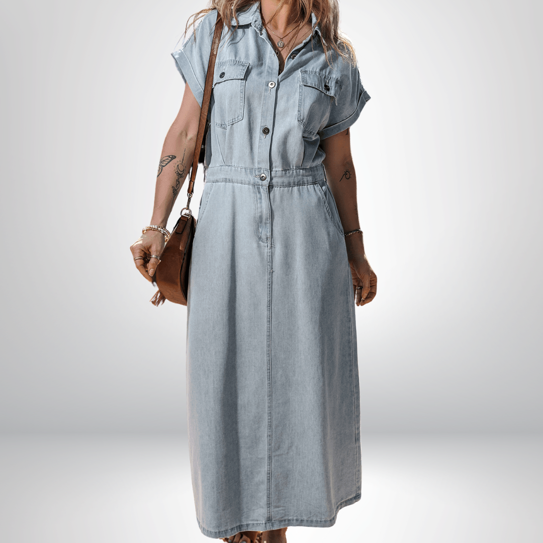 Sofia® | Elegant Denimkjole med Korte Flagermusærmer
