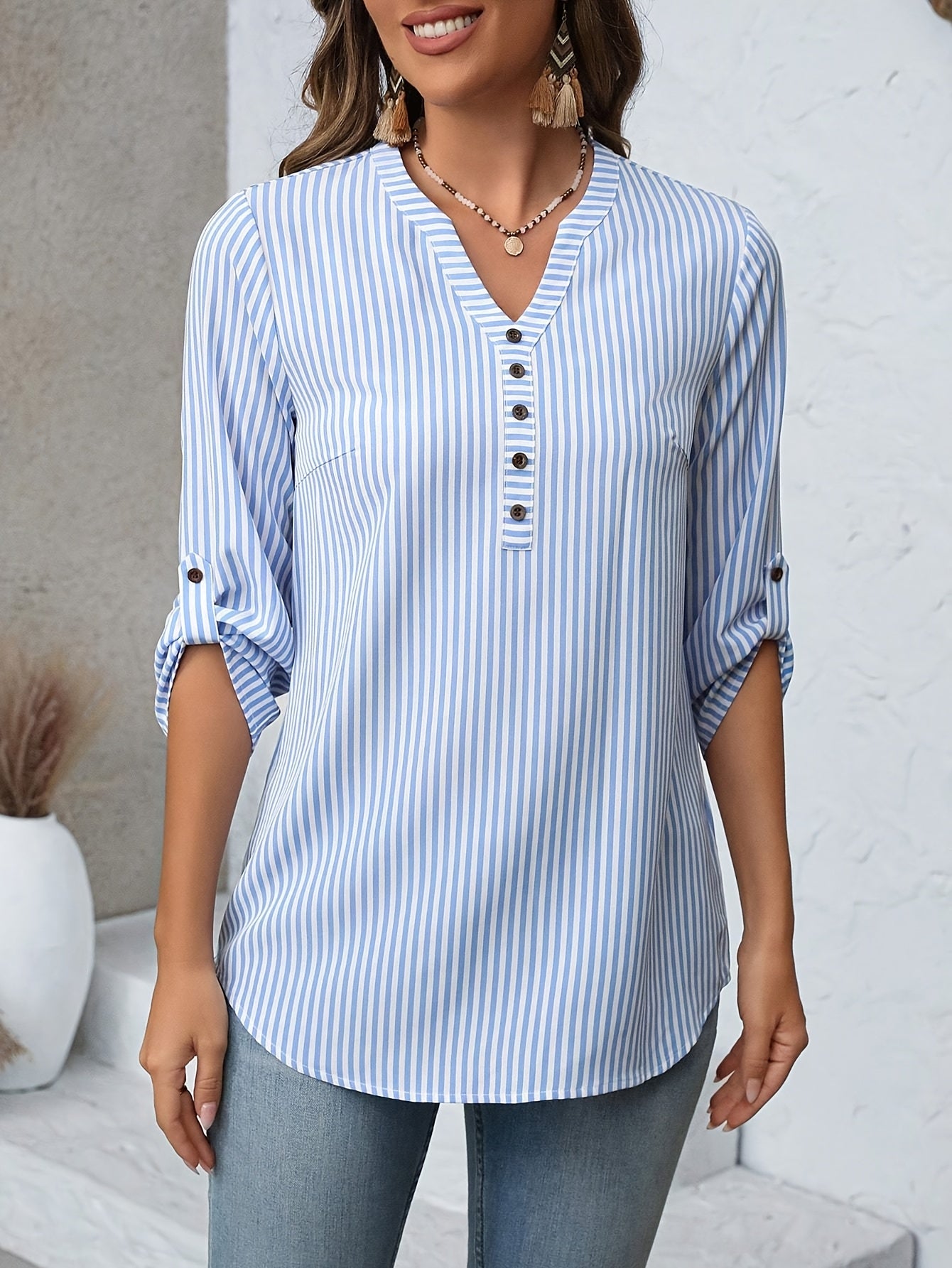 Sofia™ | Stribet V-hals Tunika Bluse – Afslappet Elegance