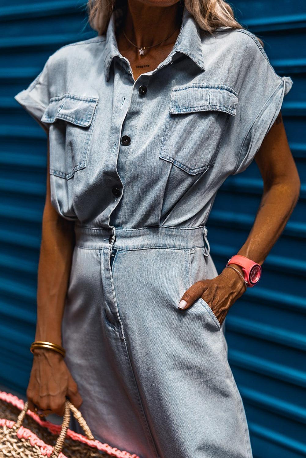 Sofia® | Elegant Denimkjole med Korte Flagermusærmer