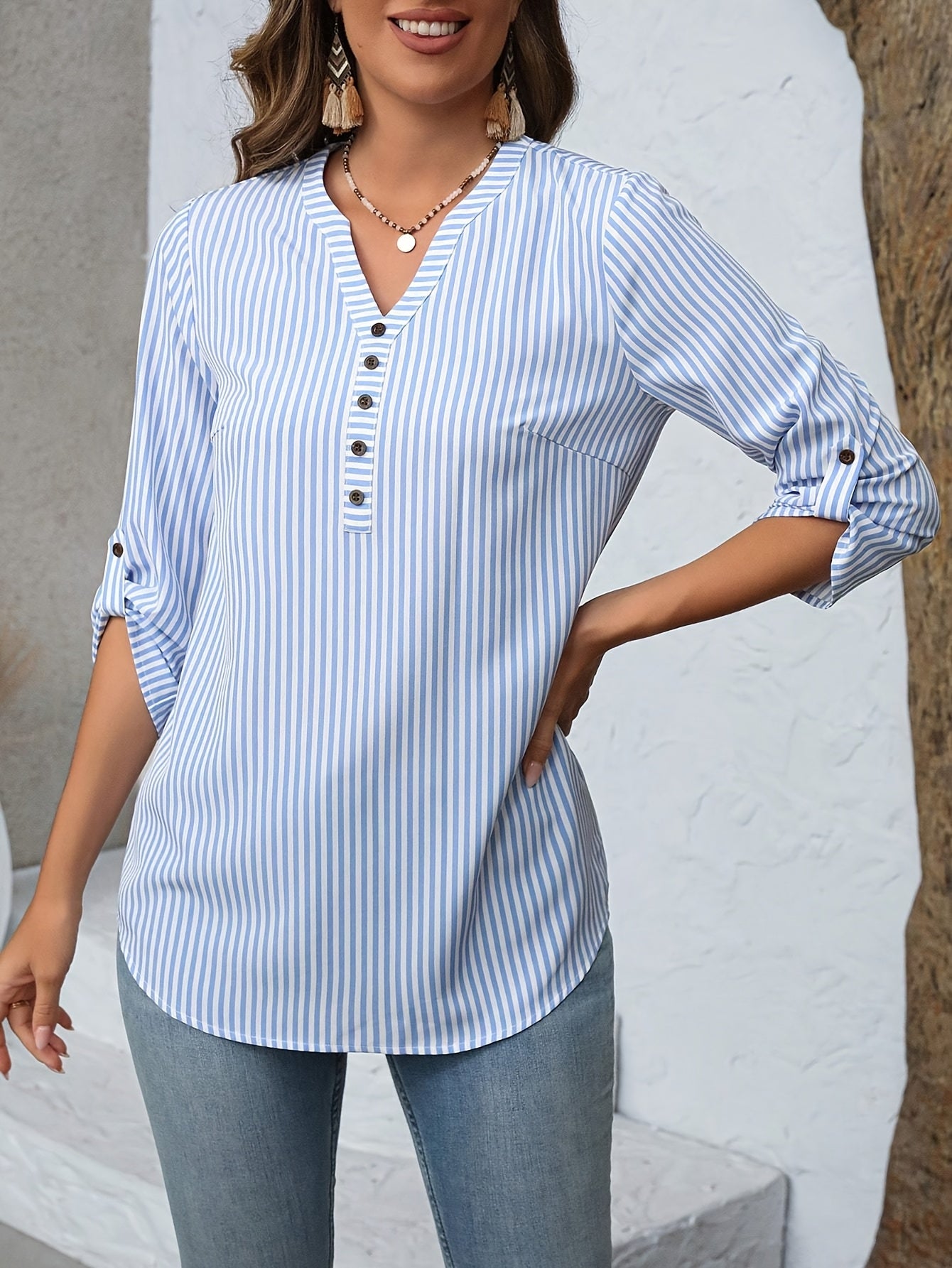 Sofia™ | Stribet V-hals Tunika Bluse – Afslappet Elegance