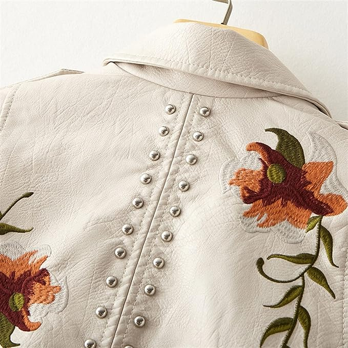 Sofia™ | Stilfuld Bikerjakke med Blomstret Broderi