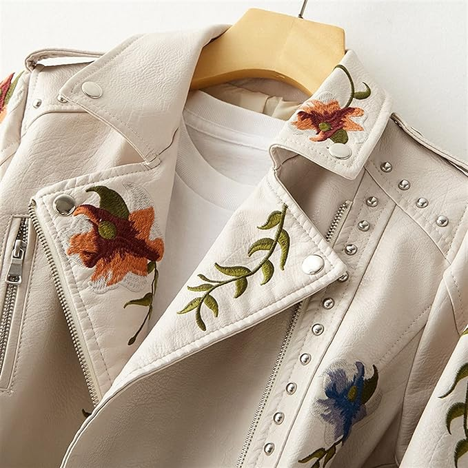 Sofia™ | Stilfuld Bikerjakke med Blomstret Broderi